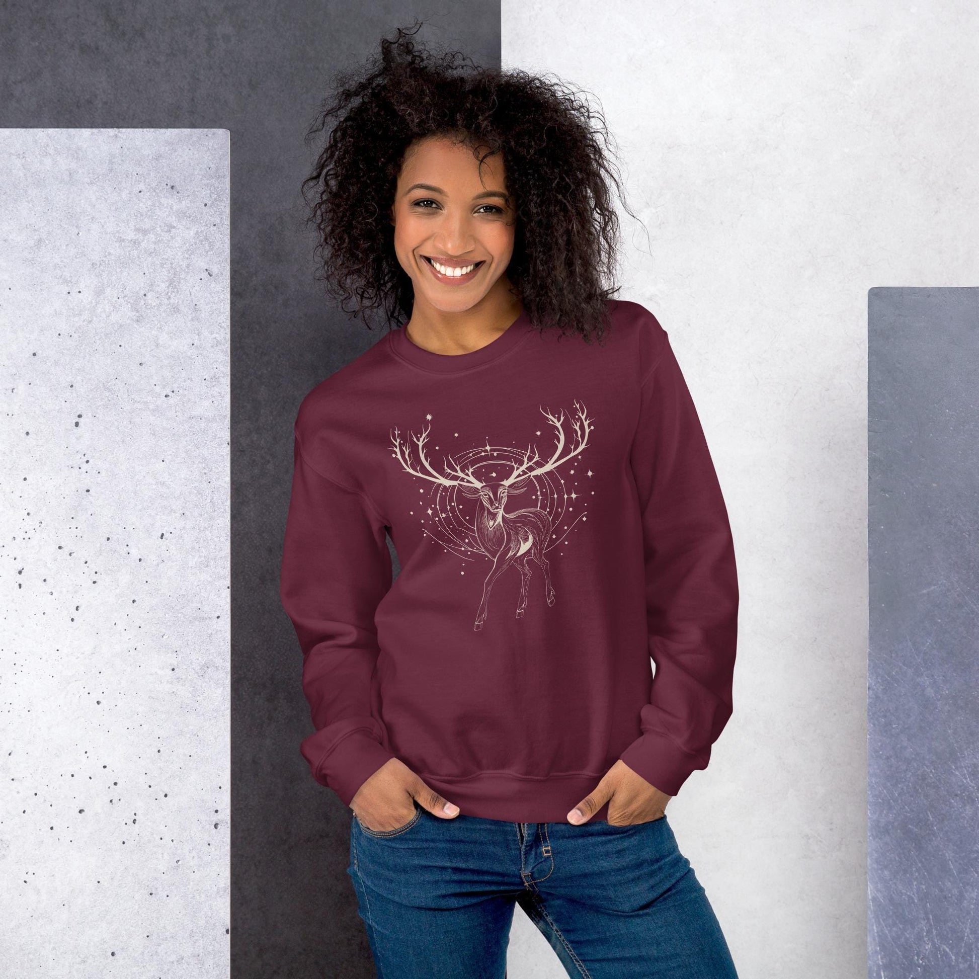 Abstract Gold Deer Glitter and Stars Christmas Jumper, Christmas Deer Gold Deer Black Jumper, Christmas gift for him or her, cozy holiday sweater, funny Christmas jumper family. Unique Xmas jumper, holiday jumper, novelty Christmas sweater, warm knit