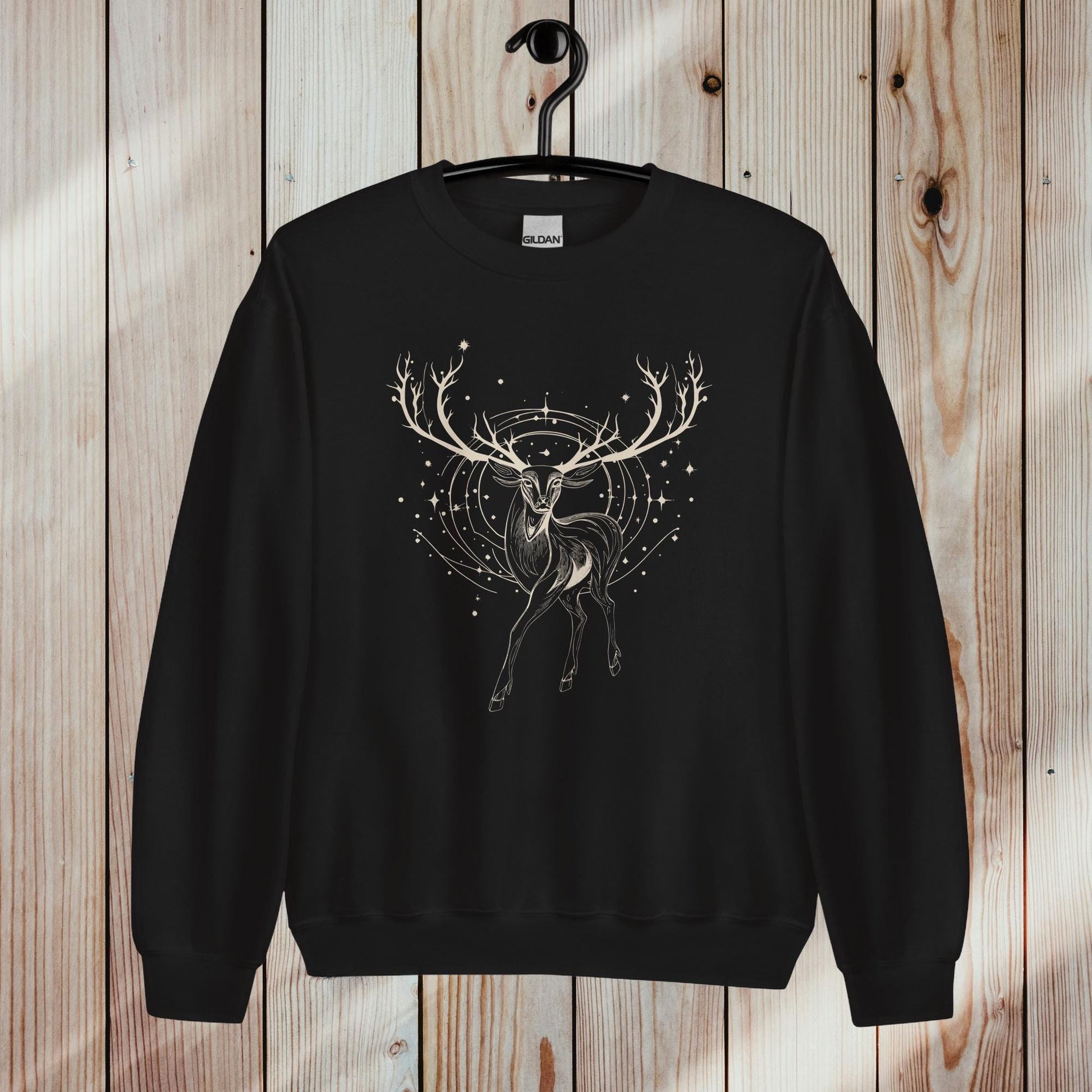 Abstract Gold Deer Glitter and Stars Christmas Jumper, Christmas Deer Gold Deer Black Jumper, Christmas gift for him or her, cozy holiday sweater, funny Christmas jumper family. Unique Xmas jumper, holiday jumper, novelty Christmas sweater, warm knit